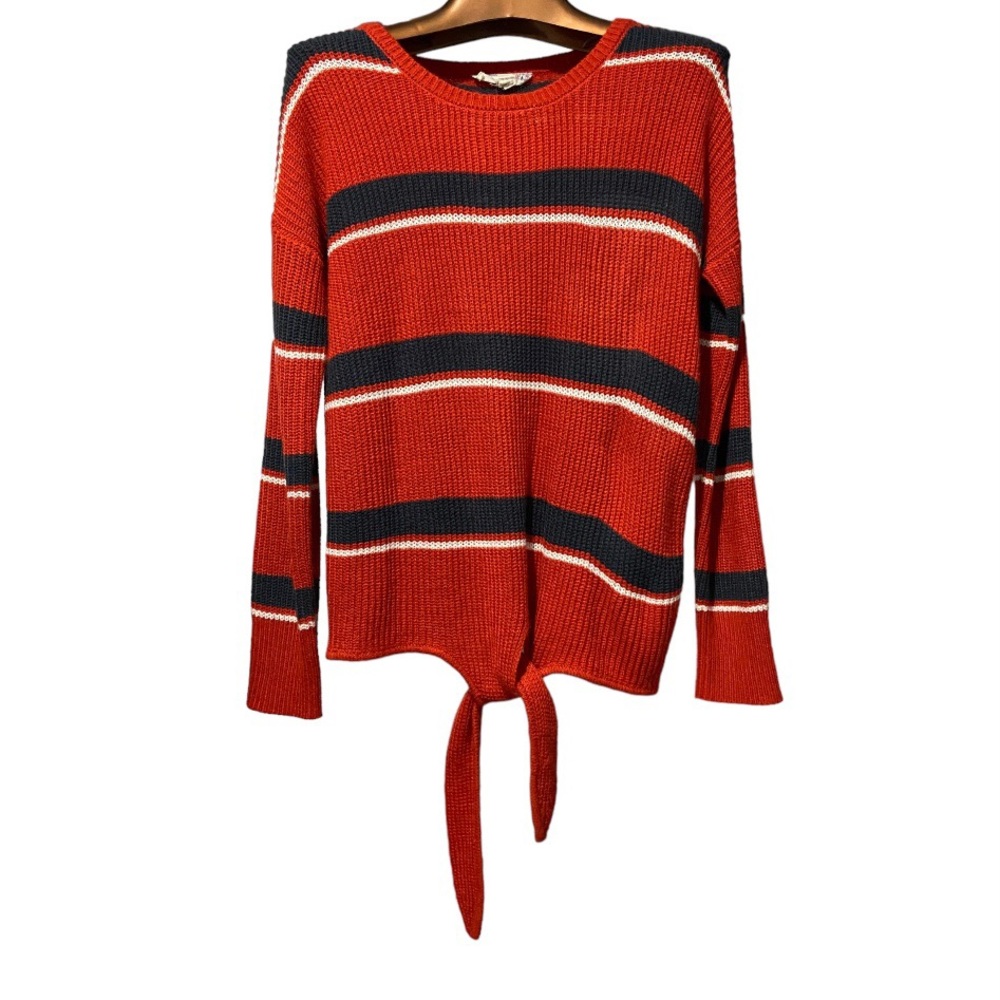 Tie front sweater in orange and grey